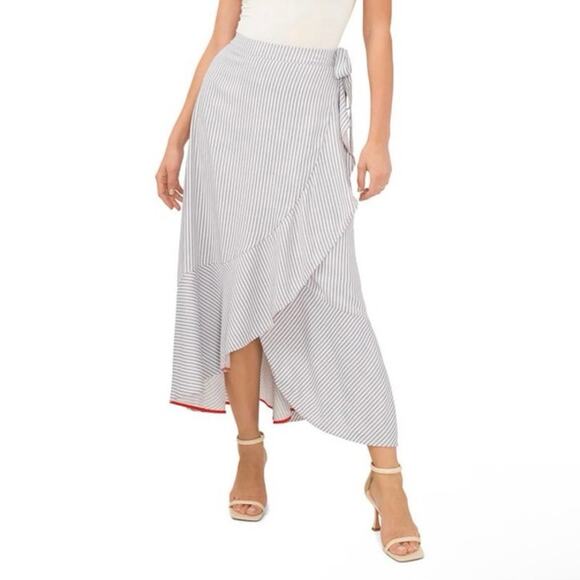 Vince Camuto New Striped Side Ruffle Pull On Midi Skirt Gray White XL Faux Wrap - Picture 1 of 5
